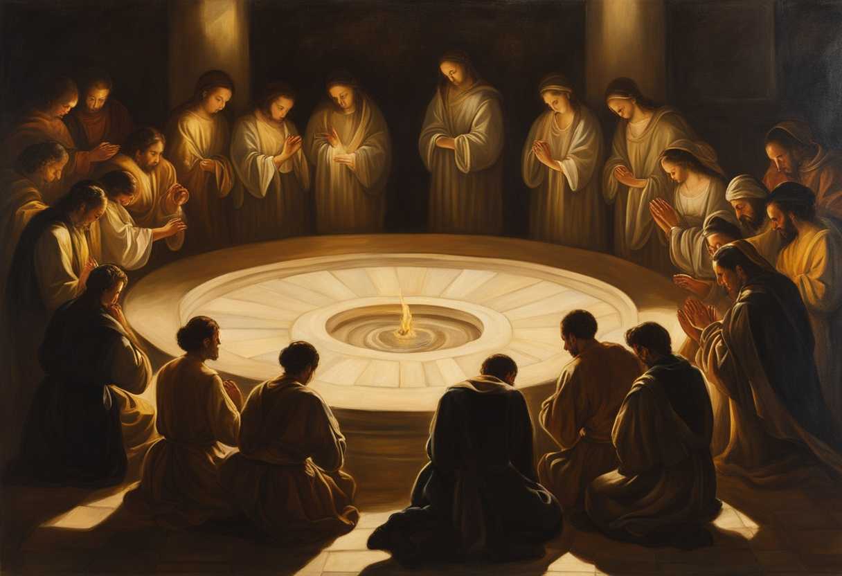People-in-a-circle-heads-bowed-in-prayer-bathed-in-golden-light-united-in-devotion_pdeh
