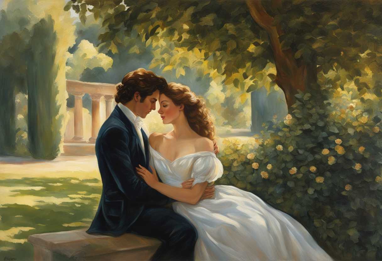 A-couple-embraces-in-a-secluded-garden-bathed-in-dappled-sunlight-and-gentle-breeze_ijuf