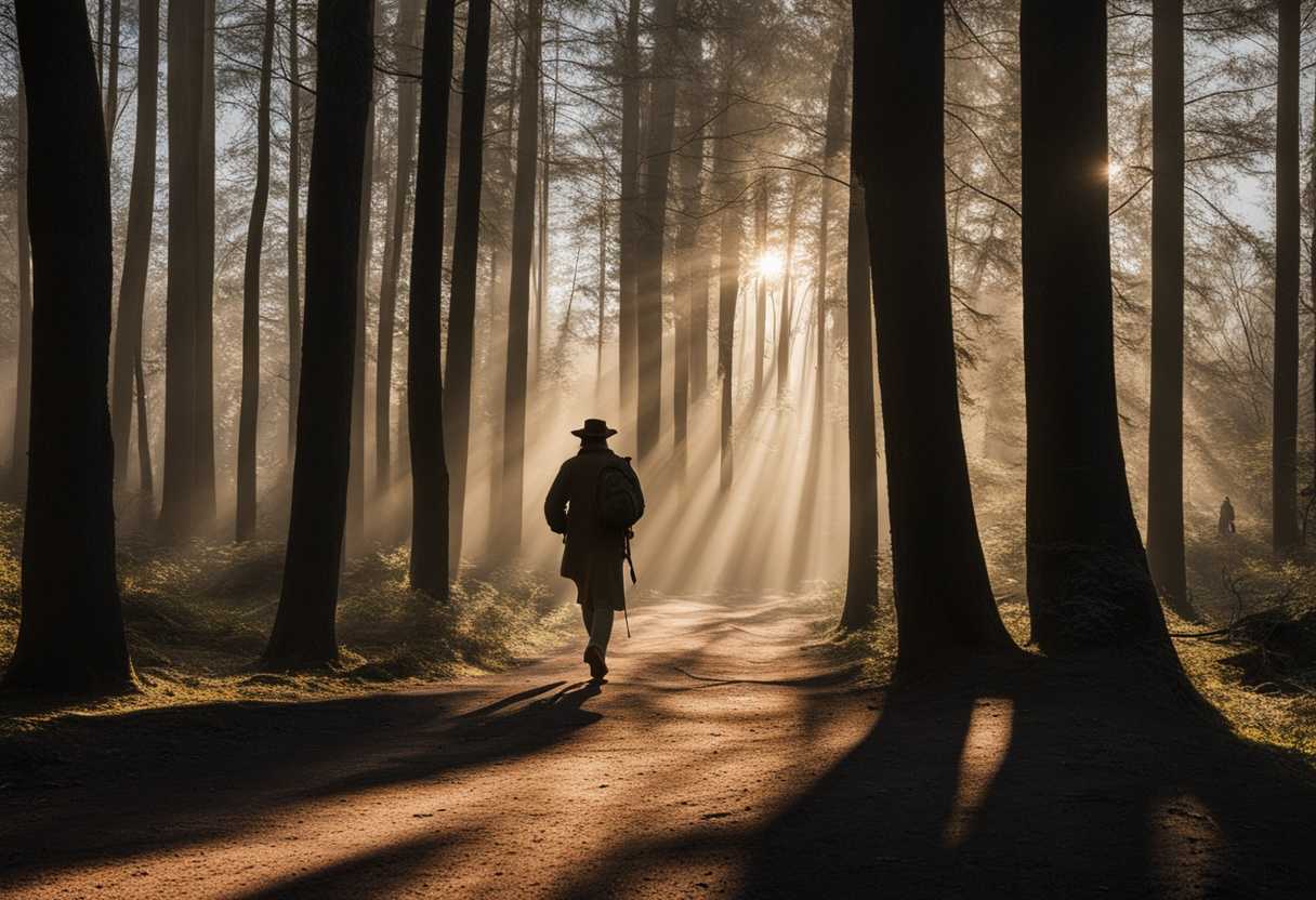 A-lone-traveler-strides-through-a-sunlit-forest-casting-long-shadows-embodying-resilience-and-enli_ydif