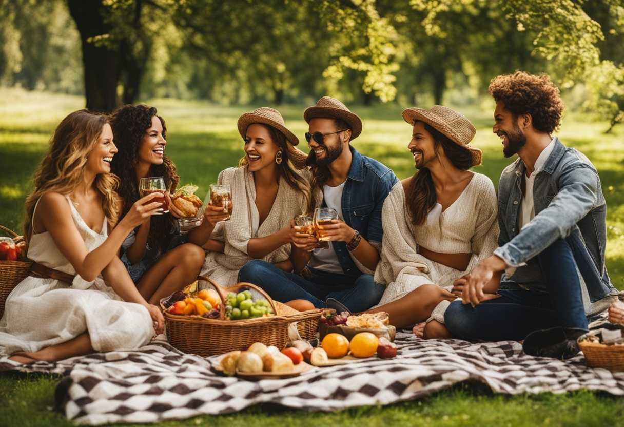 Friends-picnic-in-sunlit-park-checkered-blanket-laughter-food-vibrant-clothing-carefree-camarad_qzuh