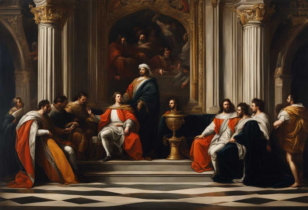 Regal-king-on-throne-with-attentive-young-men-exuding-power-and-authority-in-contemplative-inquiry_ailg