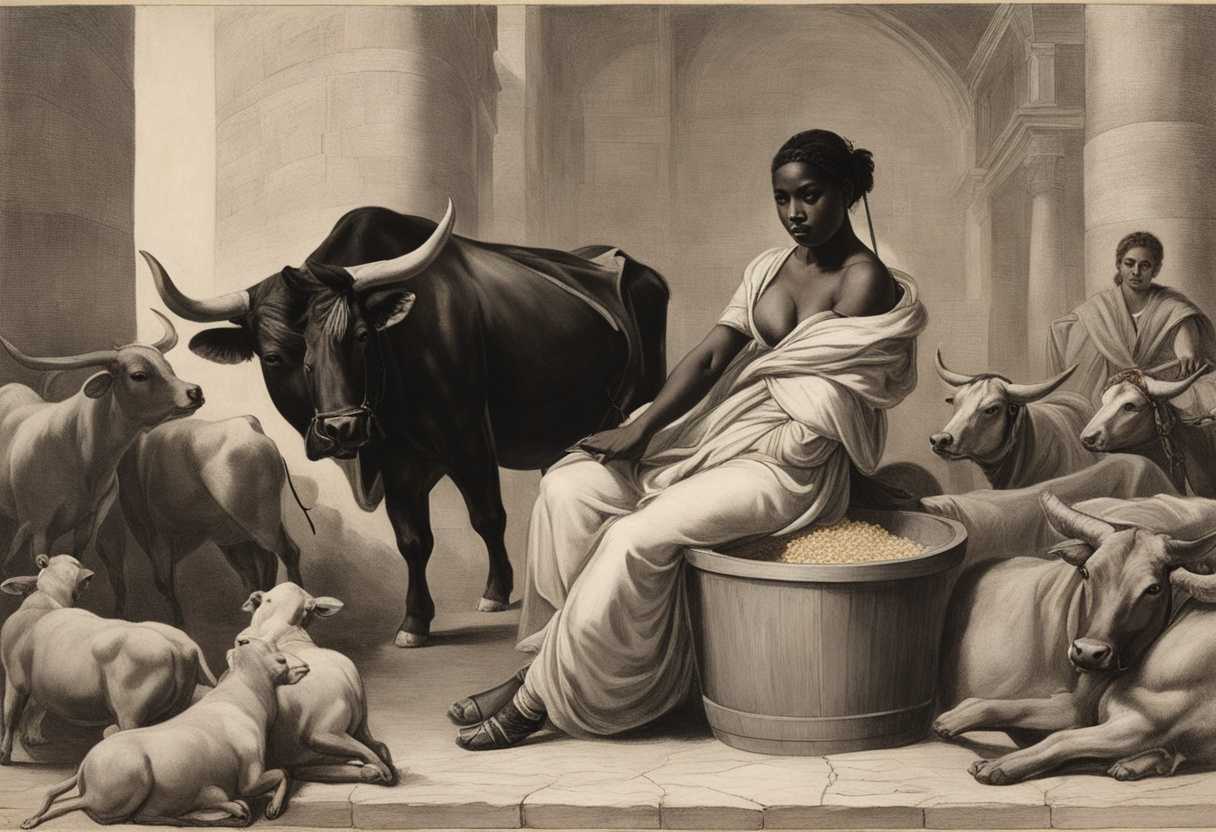 A-slave-girl-grinding-grain-surrounded-by-cattle-as-Pharaoh's-firstborn-sits-on-his-throne_rizx