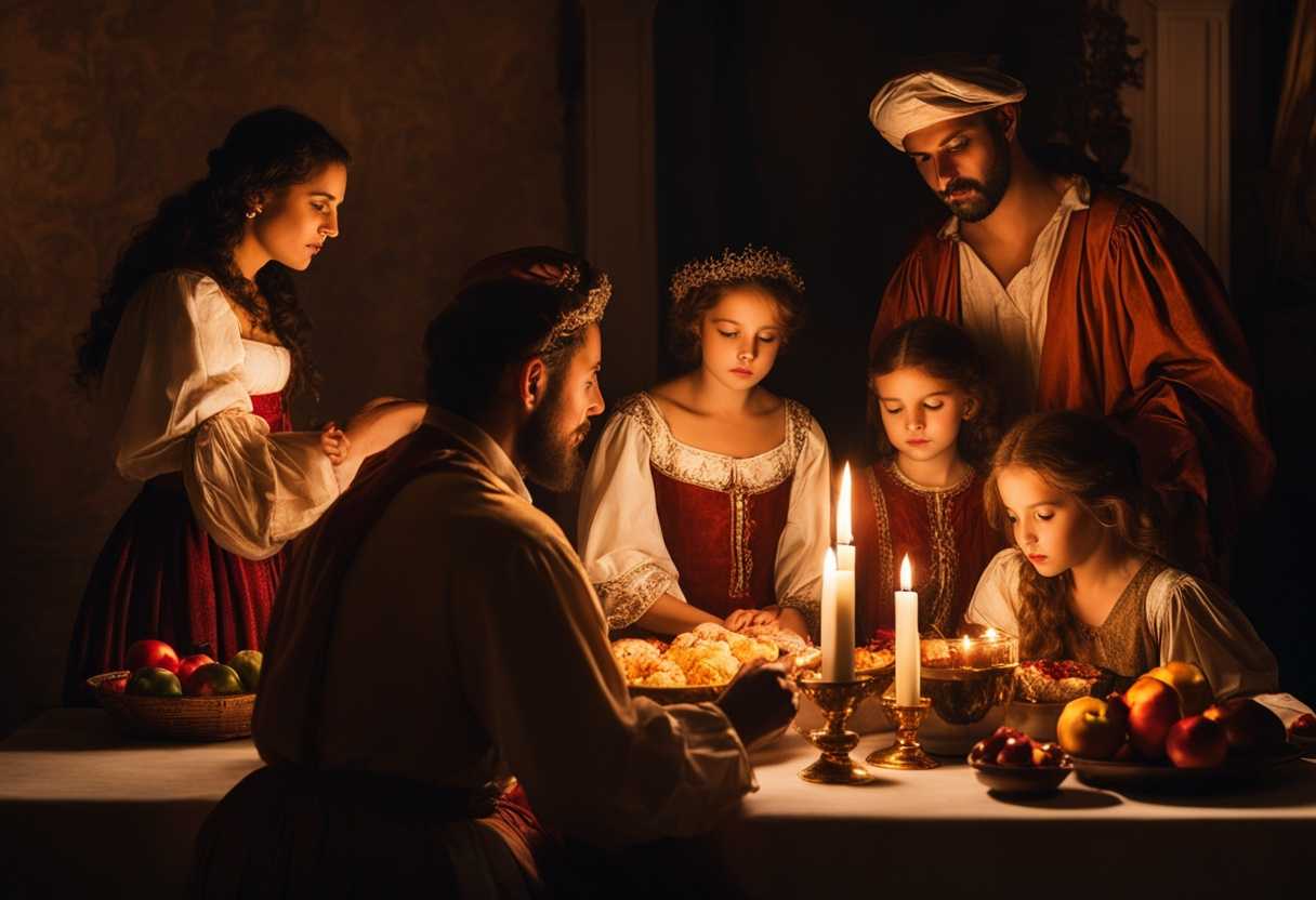 Family-gathers-in-candlelit-room-dressed-in-traditional-attire-celebrating-religious-feast-with-re_kwnu