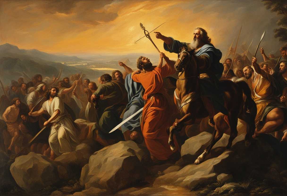 Moses-and-his-allies-unite-on-a-hill-wielding-staffs-and-swords-in-battle-at-sunset_zdgo