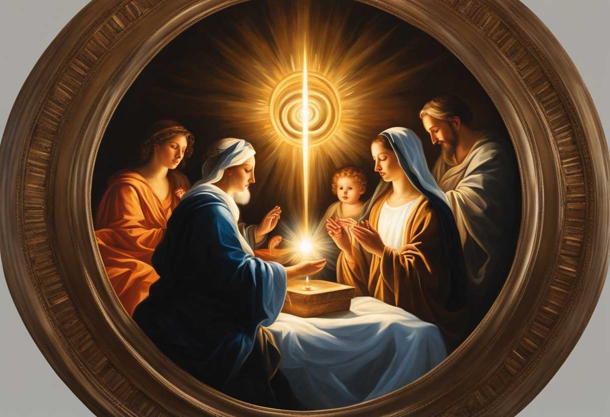 Family-gathers-around-glowing-religious-symbol-united-in-reverence-and-tradition-embodying-timeles_odkf