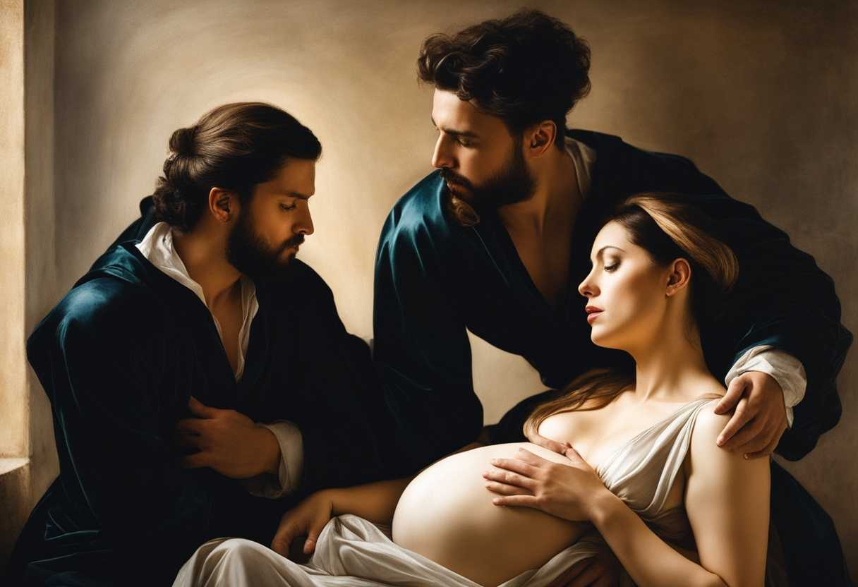 Pregnant-woman-surrounded-by-two-men-emotional-tension-in-soft-natural-light_rlgv