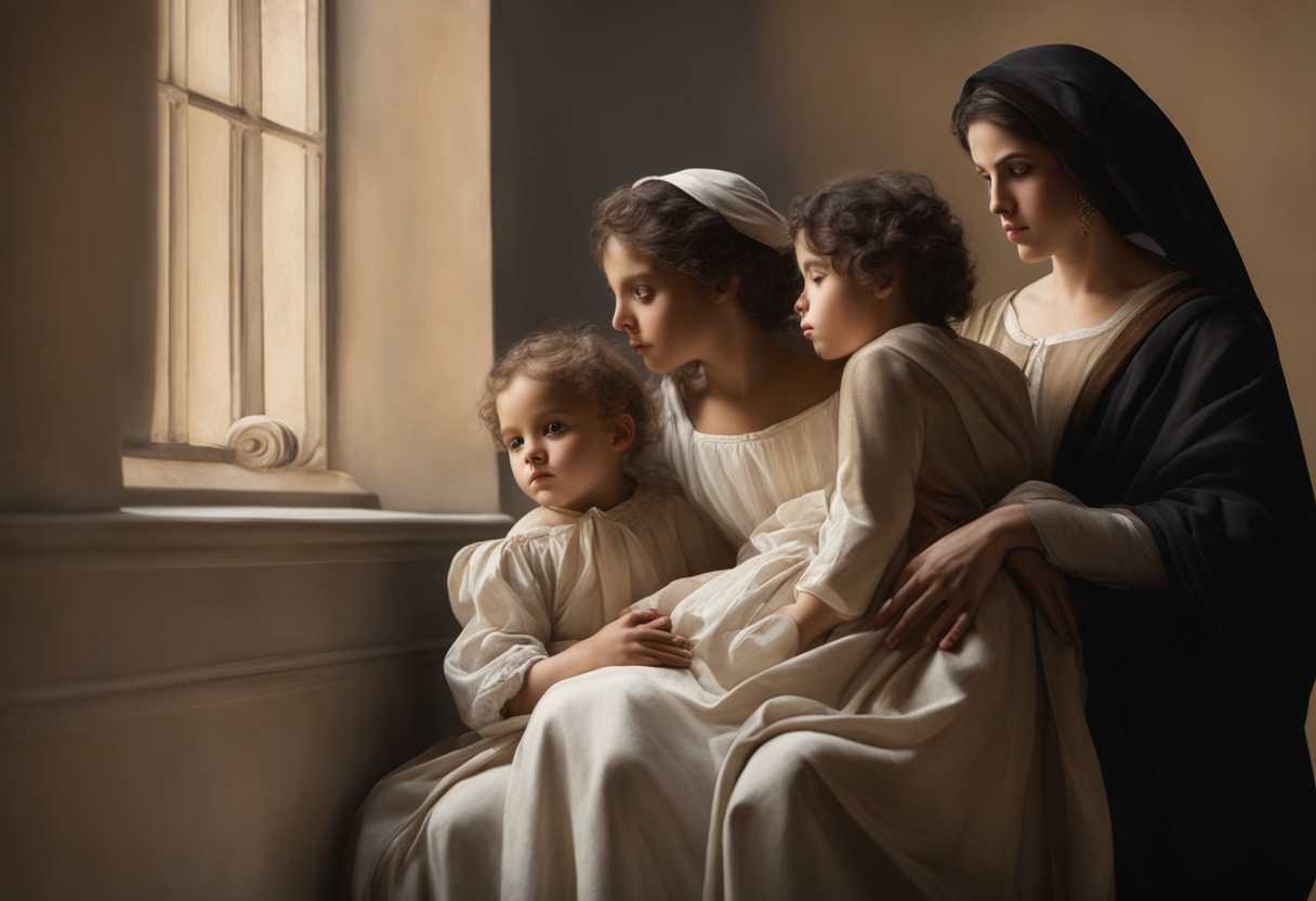 A-hopeful-sojourner-protective-widow-and-contemplative-child-stand-together-in-soft-lighting_ebwj