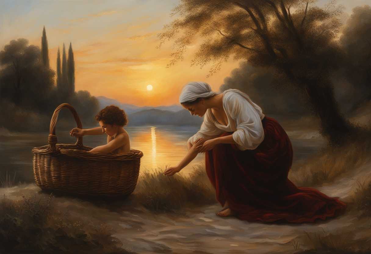 Levite-mother-gently-placing-son-in-basket-at-sunset-by-riverbank-emotional-connection_gqlj