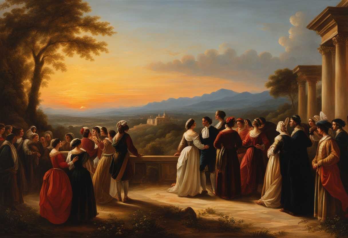 People-in-traditional-attire-gather-at-sunset-radiating-unity-and-love-against-a-majestic-landscape_ssba
