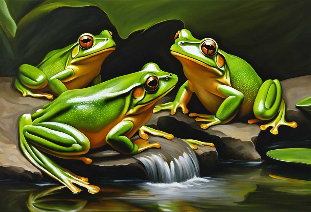 Elegant-green-frogs-gracefully-hopping-along-the-water's-edge-croaking-in-harmony_uzap