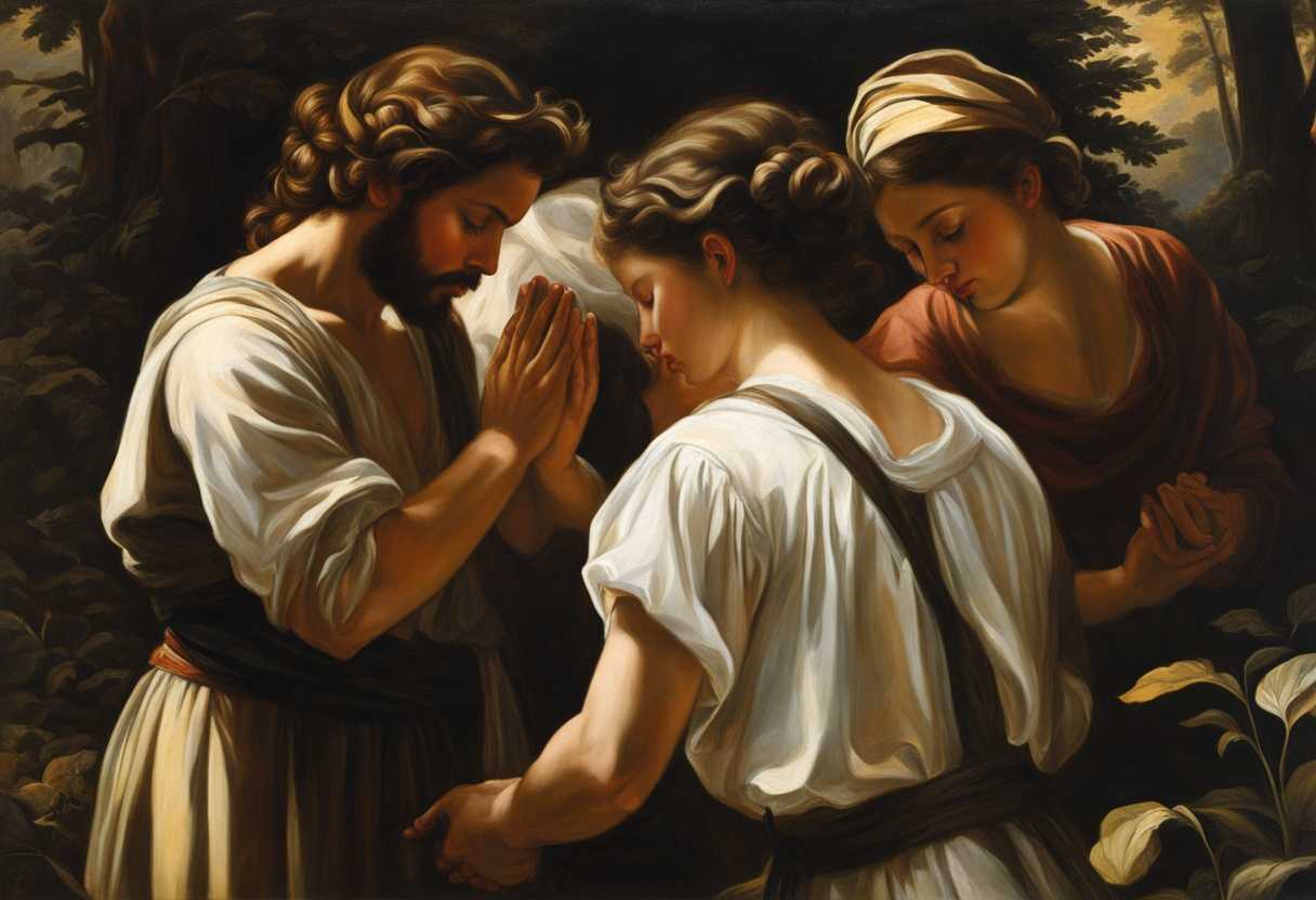 People-in-a-forest-clearing-heads-bowed-in-prayer-hands-clasped-bathed-in-sunlight_hqqx