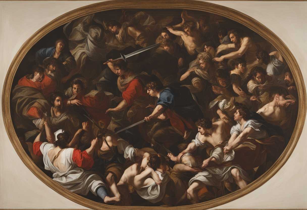 Tense-circle-of-people-with-contorted-faces-one-holding-a-sword-amidst-chaotic-violence_gmbs