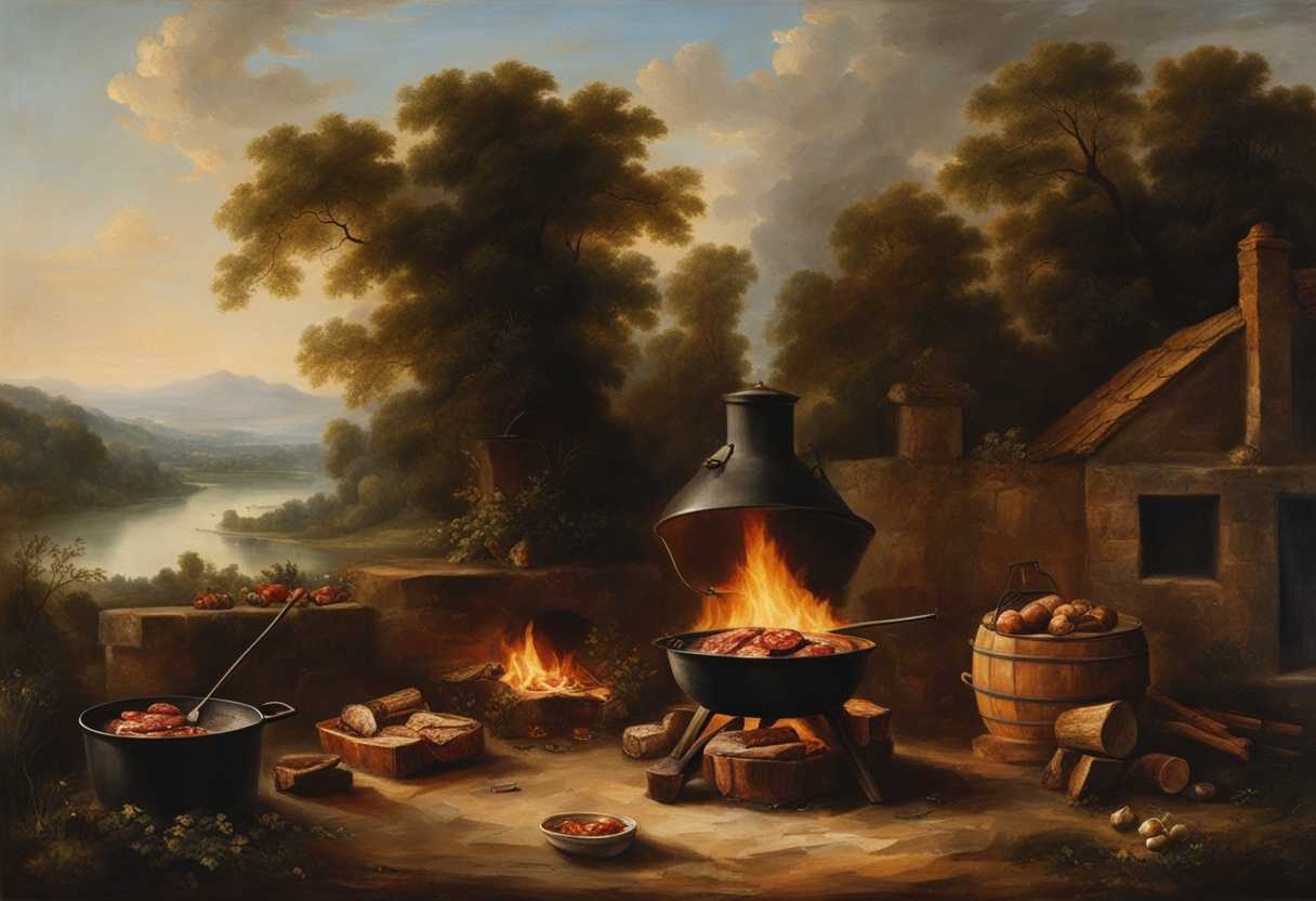 Traditional-outdoor-cooking-scene-meat-prepared-pot-over-fire-water-poured-in-logs-stacked_bivx