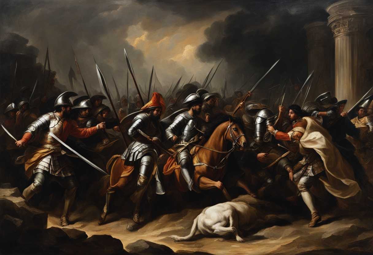 Philistine-soldiers-in-a-menacing-dark-setting-exuding-malice-and-aggression-with-raised-weapons_qymz