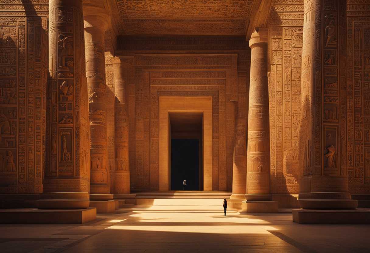 A-lone-figure-explores-ancient-Egyptian-ruins-at-sunset-surrounded-by-intricate-hieroglyphs_jptb