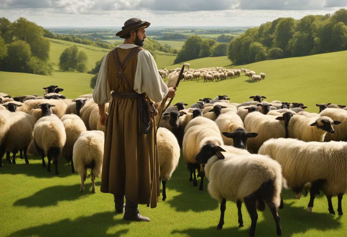 A-shepherd-stands-guard-over-a-peaceful-flock-in-a-lush-green-pasture_xvdf