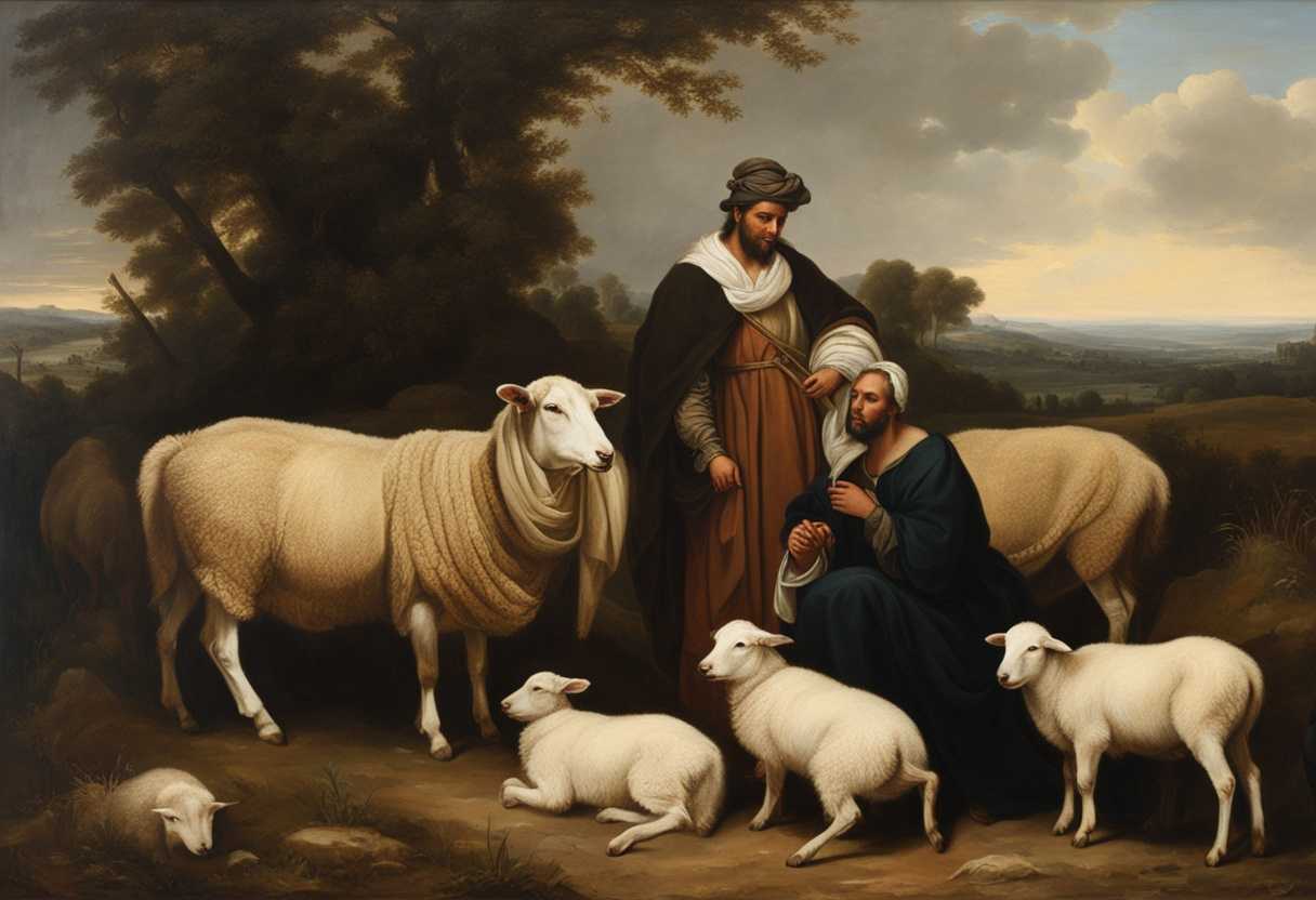 Shepherds-in-traditional-clothing-watch-over-a-scattered-flock-of-grazing-sheep-in-vast-landscape_geey