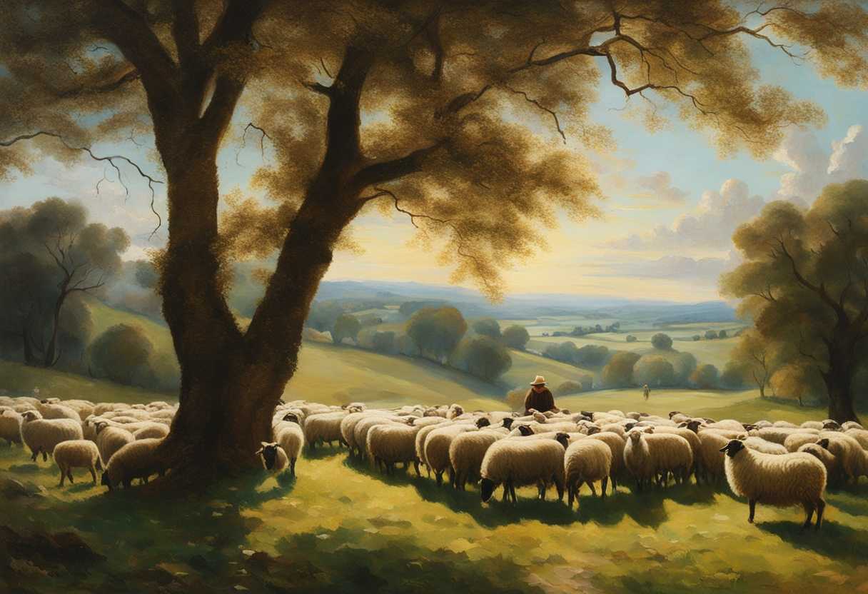A-shepherd-watches-over-a-flock-of-sheep-in-a-peaceful-sunlit-meadow_xxey
