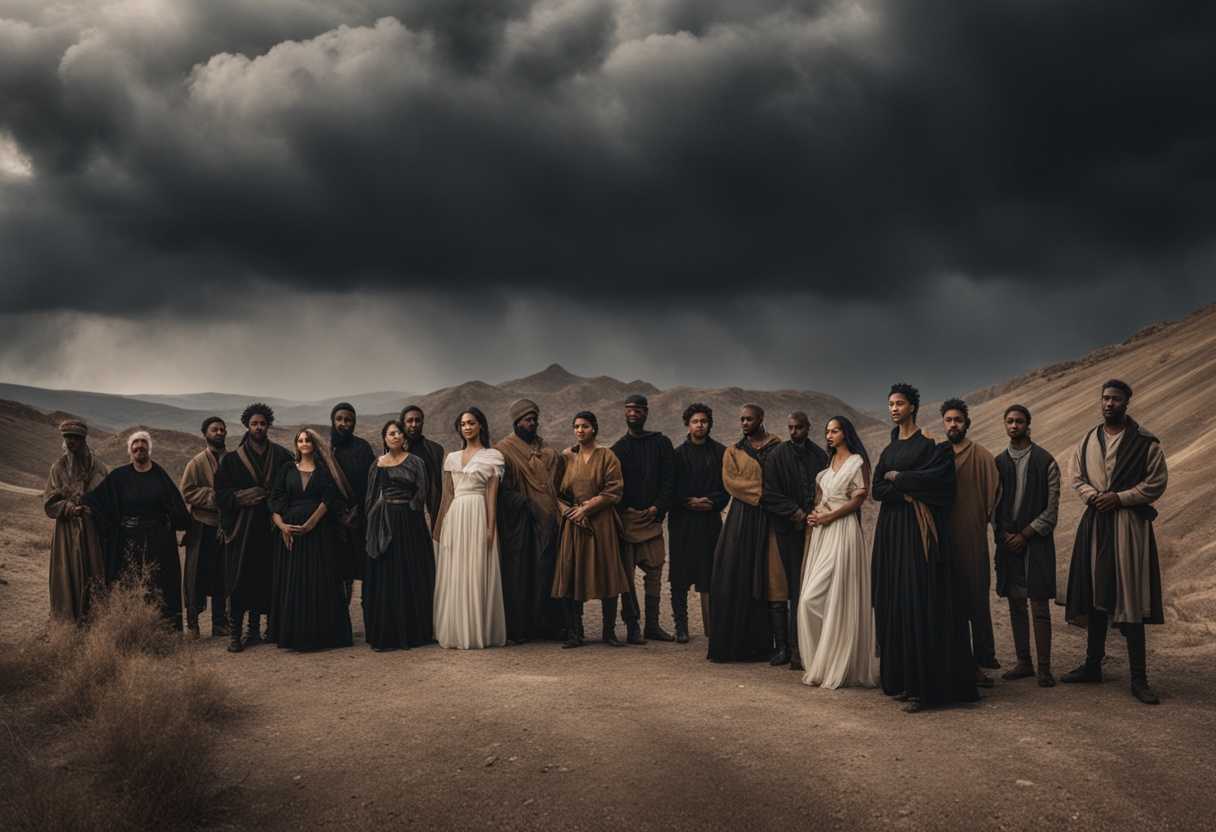 A-diverse-group-of-individuals-stand-united-in-a-harsh-barren-landscape-embodying-resilience-and-s_qqxl