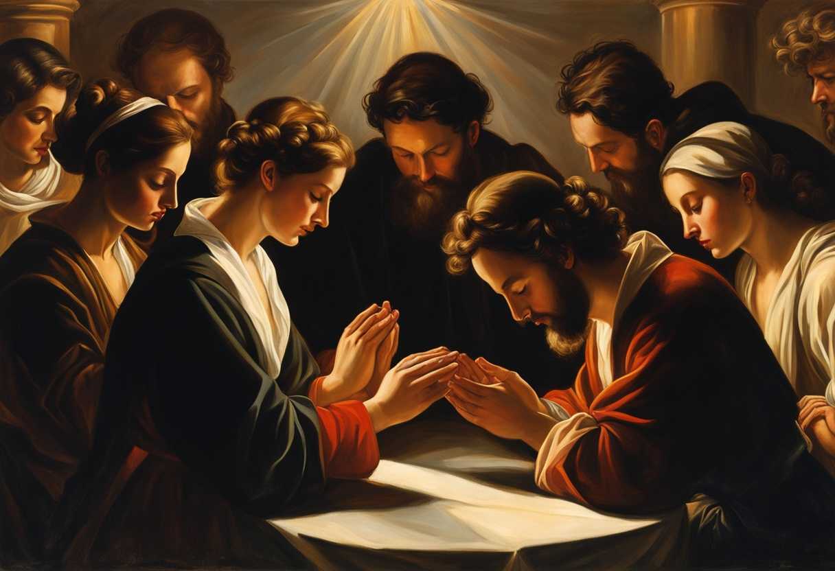 People-in-a-circle-heads-bowed-in-prayer-bathed-in-warm-sunlight-embodying-unity-and-devotion_agya