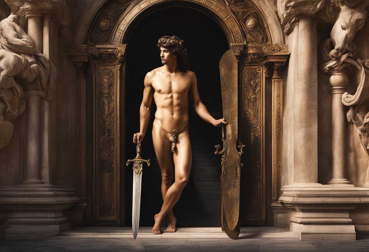 A-mysterious-figure-with-bronze-skin-and-ancient-tools-stands-at-a-majestic-mountain-gateway_luah