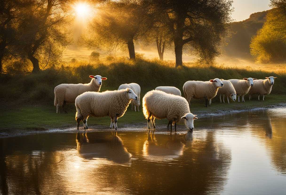 Sheep-peacefully-grazing-by-a-sparkling-watering-hole-in-the-golden-sunlight_leti