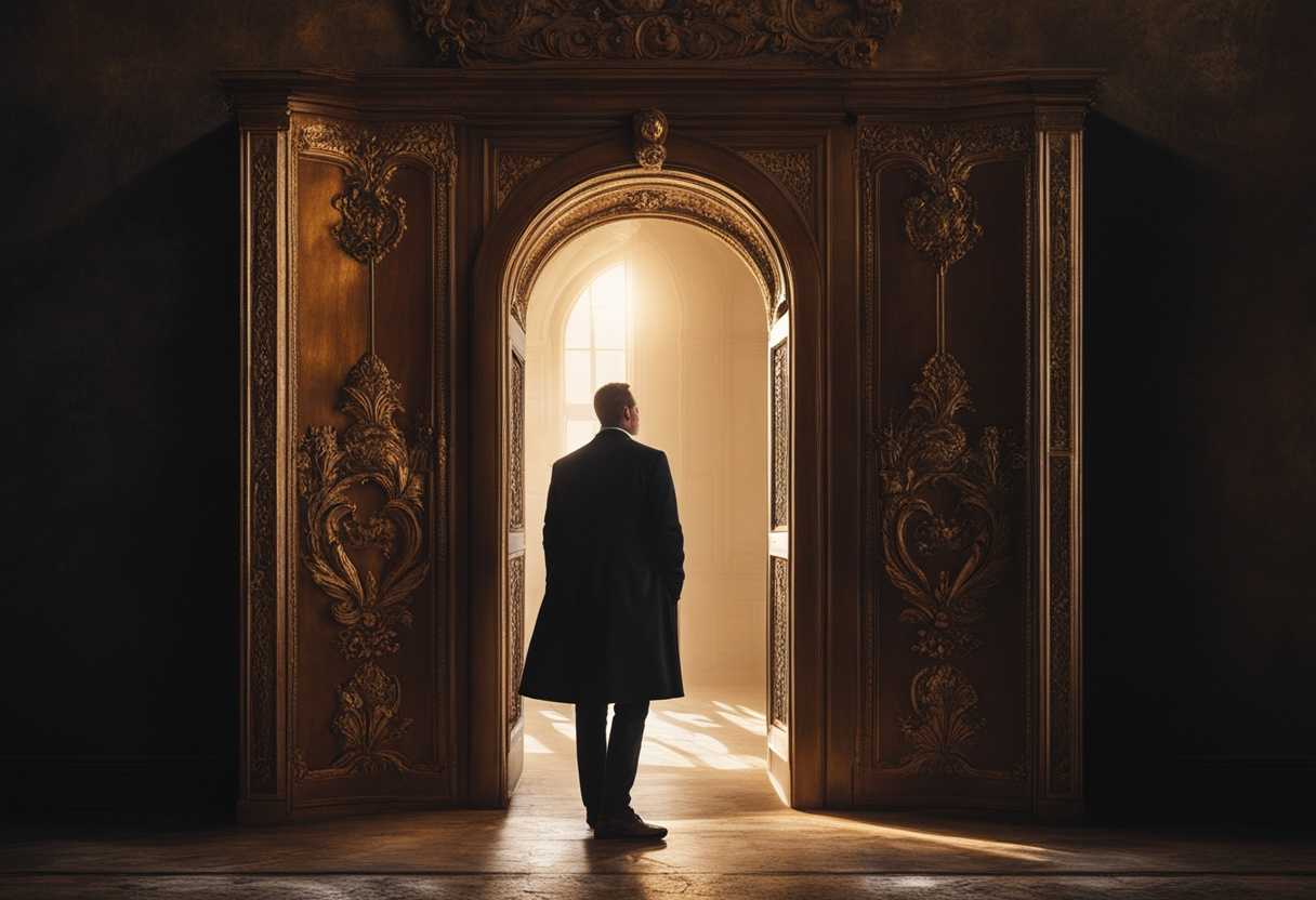 Man-stands-before-a-mysterious-door-bathed-in-dramatic-light-exuding-anticipation-and-intrigue_bqbh