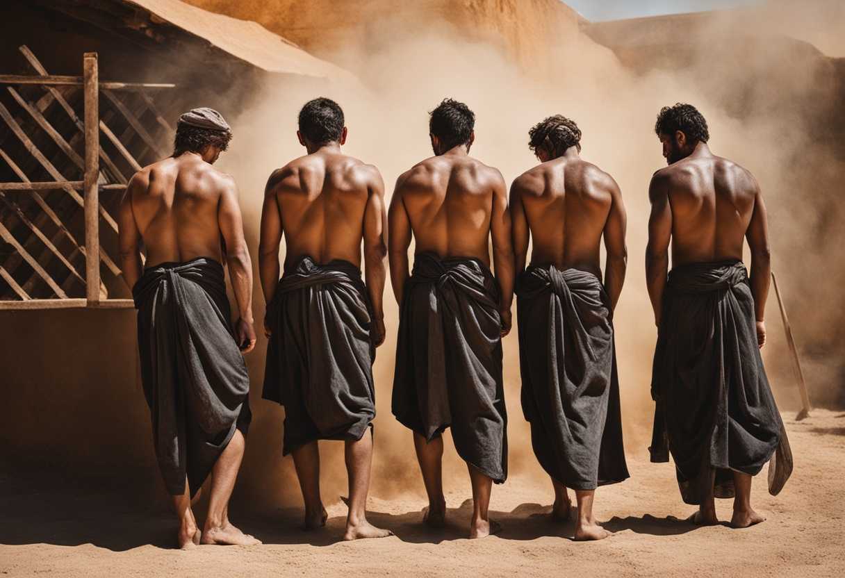 Men-in-a-row-covered-in-dust-and-sweat-building-under-the-warm-sun_kfma