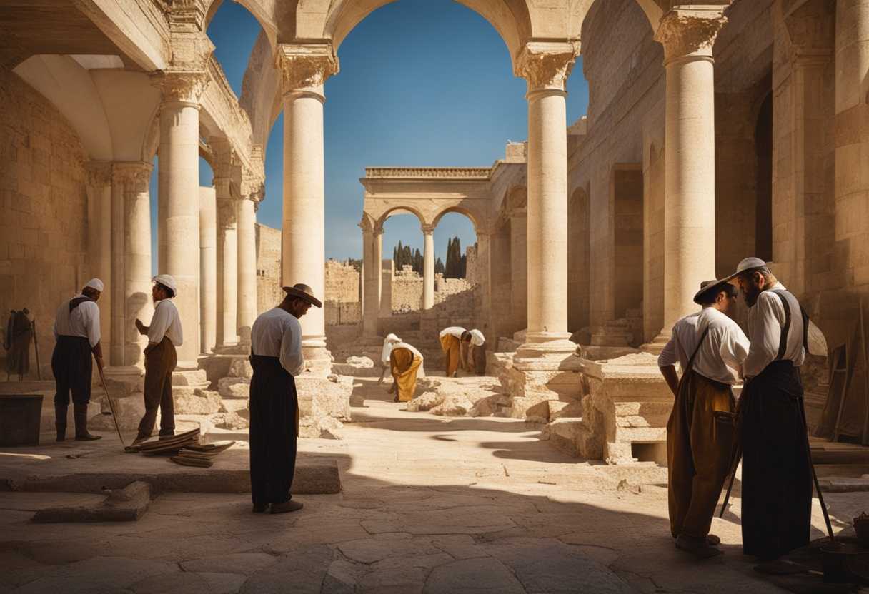 Determined-workers-in-work-attire-rebuilding-temple-in-Jerusalem-discussing-plans-under-warm-sunlig_qvos