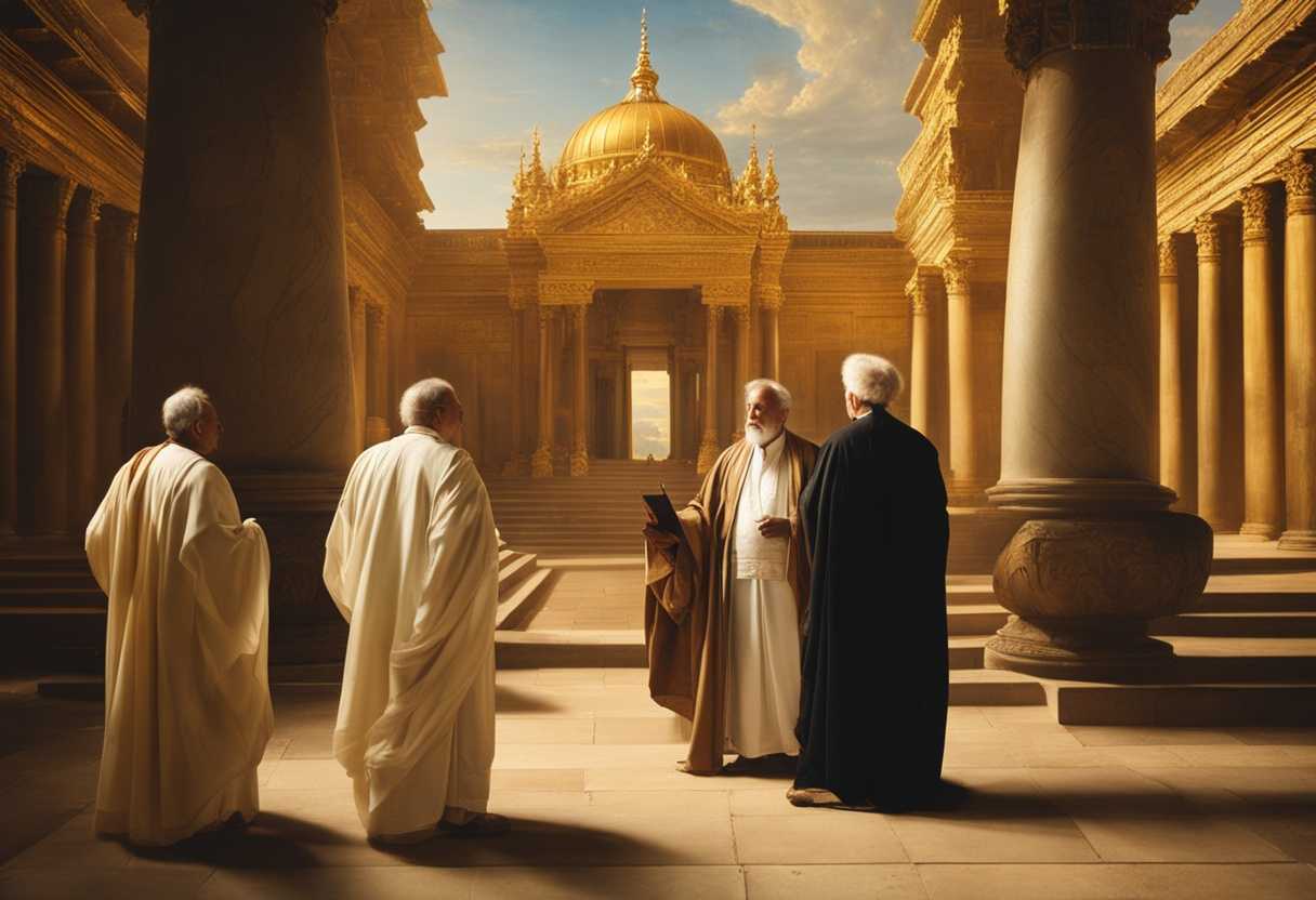 Elders-in-ancient-robes-discuss-prophecy-in-golden-lit-temple-admiring-grand-finished-house_bnmb