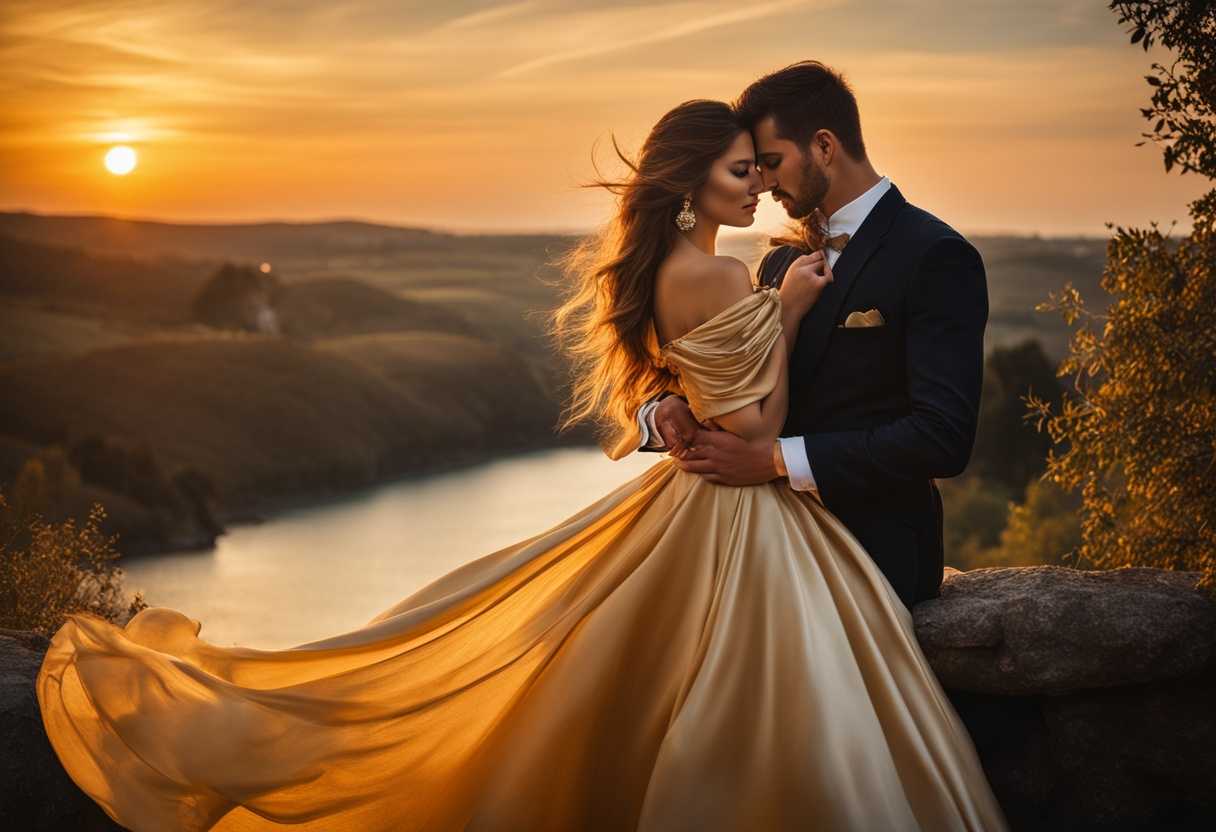 Couple-in-golden-sunset-gazing-intimately-flowing-dress-in-breeze-classic-romantic-connection_nfhz