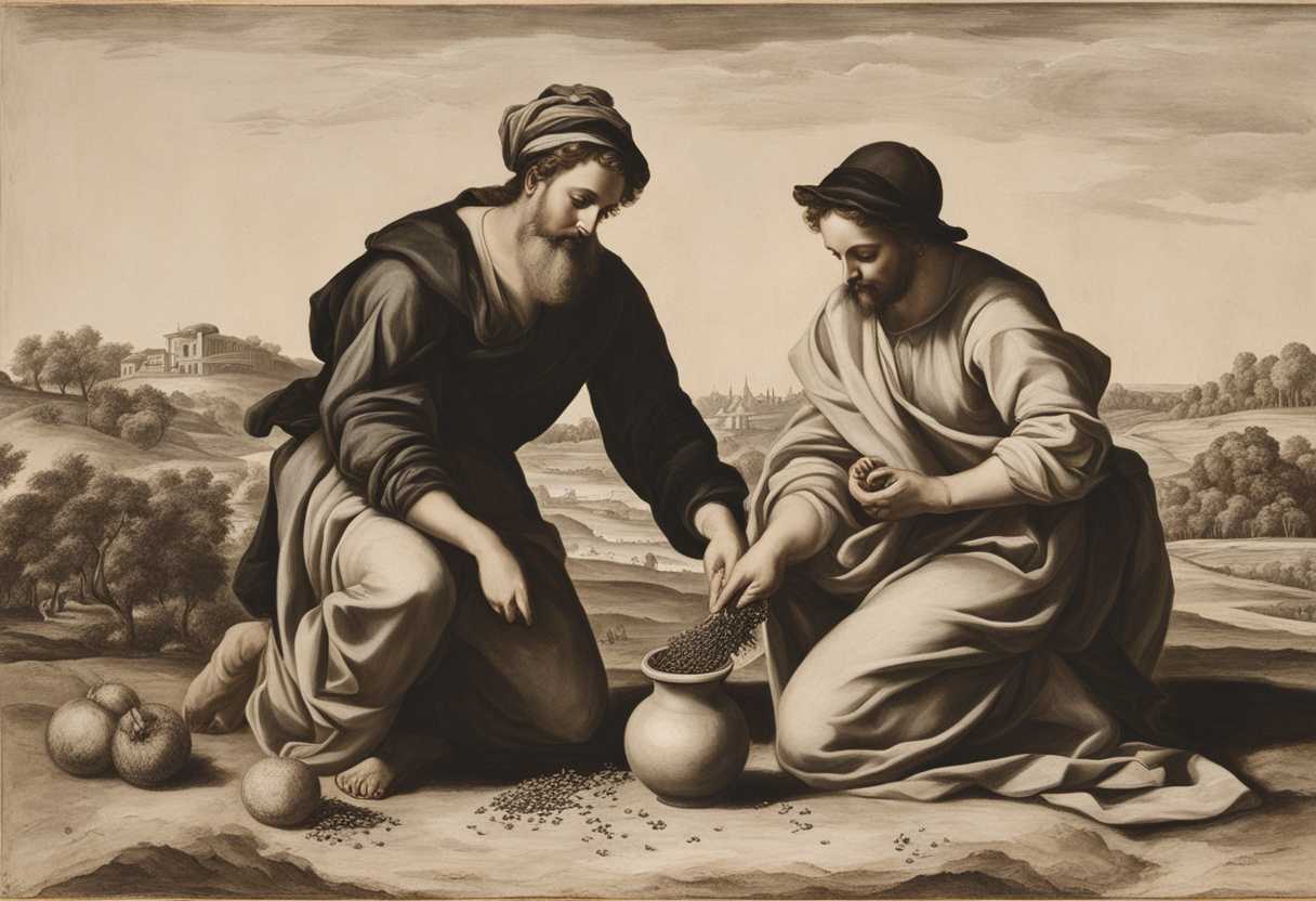 Two-figures-planting-seeds-one-in-fertile-soil-yielding-life-the-other-in-barren-ground-witherin_brur