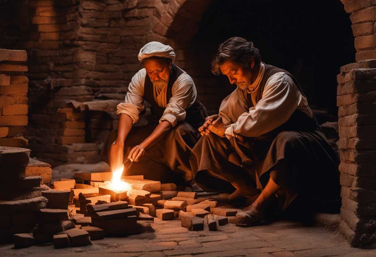 People-molding-bricks-by-firelight-hands-working-skillfully-faces-aglow-united-in-purpose-and-det_zsqj