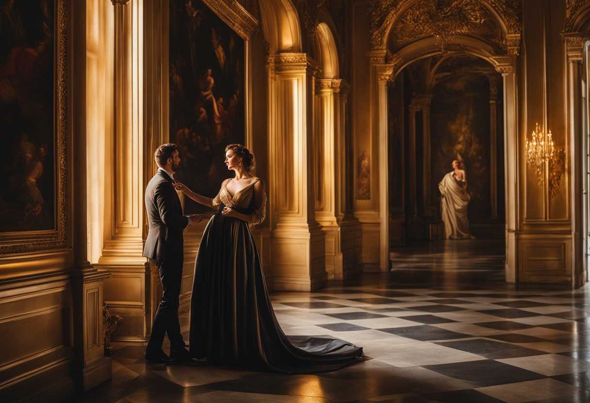 Couple-bathed-in-golden-light-standing-at-entrance-exuding-timeless-love-and-intimacy_lsdw