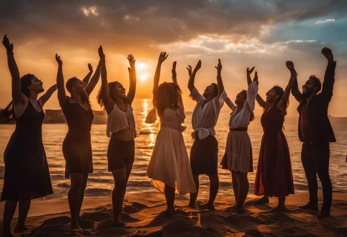 A-diverse-group-of-people-joyfully-praising-God-at-sunset-with-raised-arms_pmxa