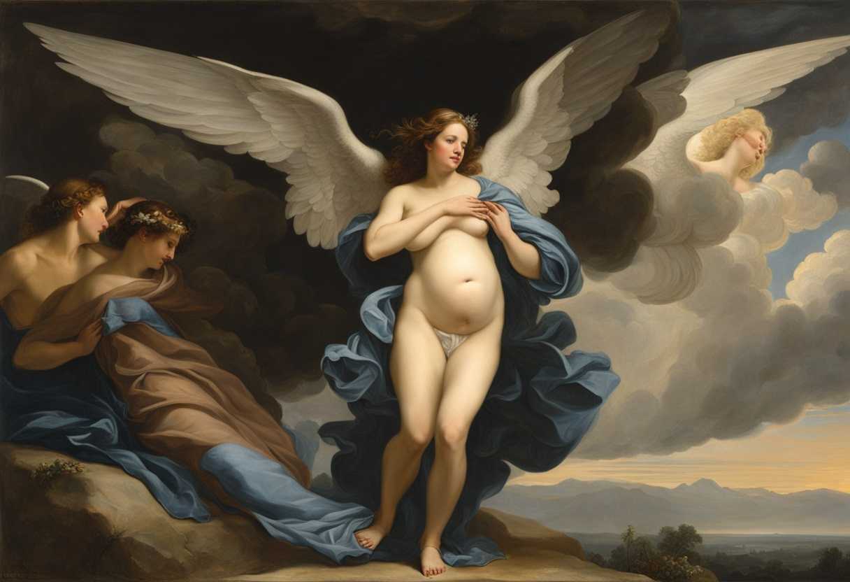 A-pregnant-woman-gazes-in-awe-at-an-angel-with-majestic-wings-anticipating-a-new-beginning_nigk