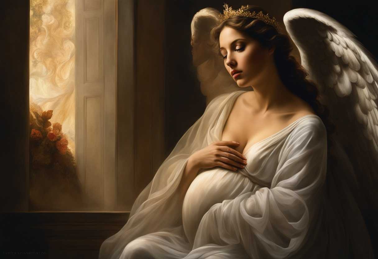 Pregnant-woman-gazes-in-awe-at-angel's-ethereal-glow-feeling-protected-and-serene_xtog