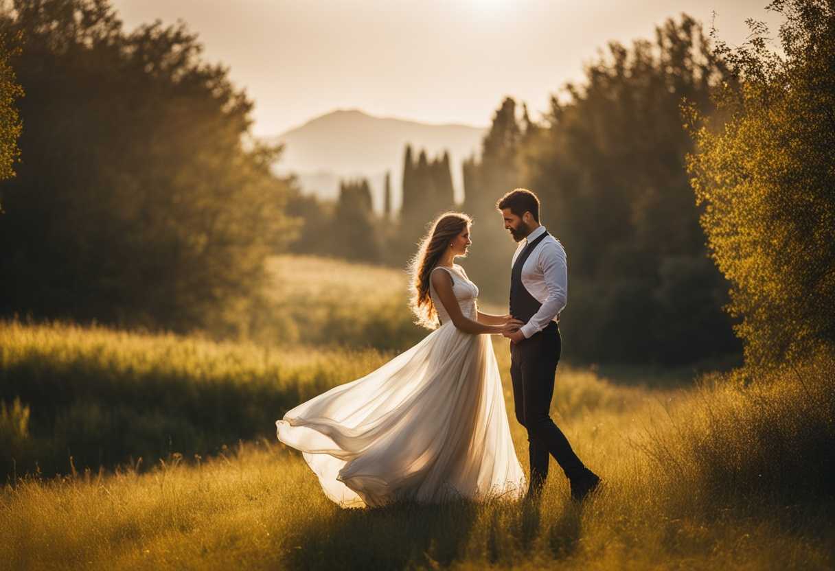 Couple-in-sunlit-field-flowing-dress-embrace-timeless-beauty-of-love-in-nature_ixgn