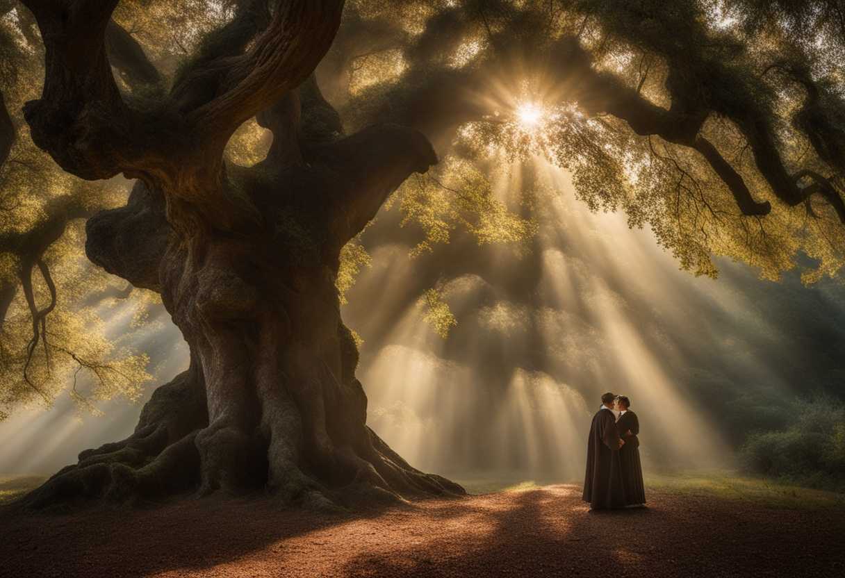 A-lord-and-man-stand-beneath-ancient-oaks-bathed-in-ethereal-light-in-awe_tokk