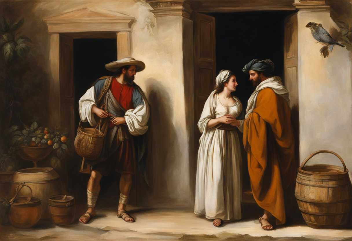 Two-travelers-in-ancient-clothes-arrive-at-a-humble-dwelling-greeted-warmly-by-strangers_mksi