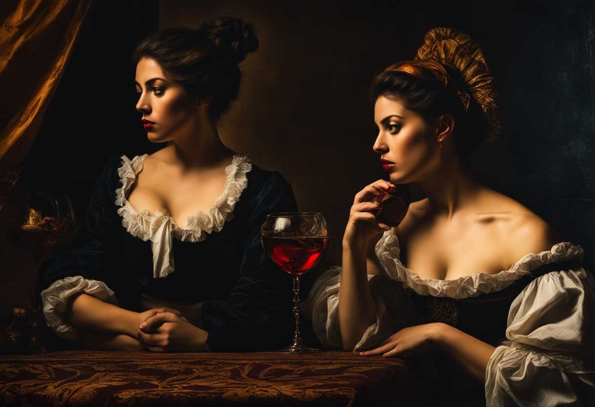 Two-women-in-dimly-lit-room-one-holding-wine-the-other-conflicted-Tension-secrecy-decisions_jsrz
