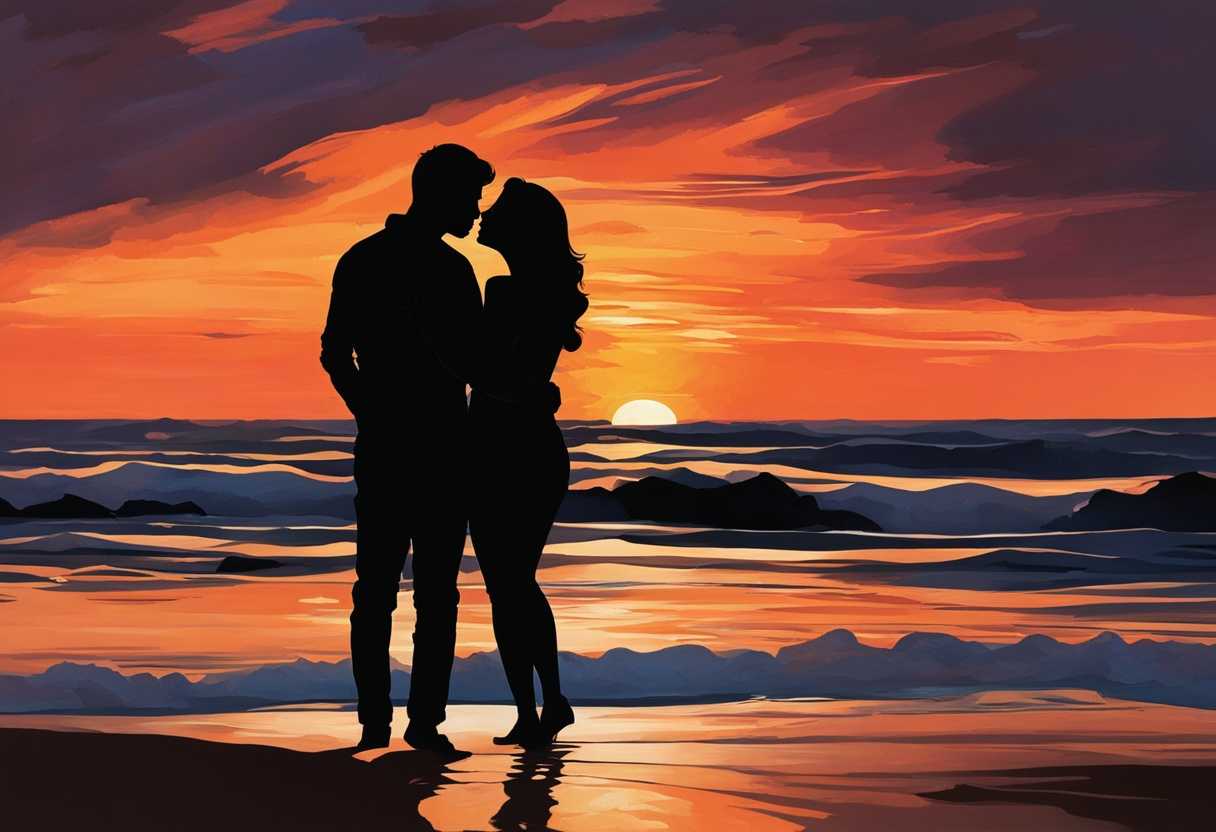 A-couple-embraces-on-a-beach-at-sunset-silhouetted-against-vibrant-hues-in-intimate-tranquility_jvpo