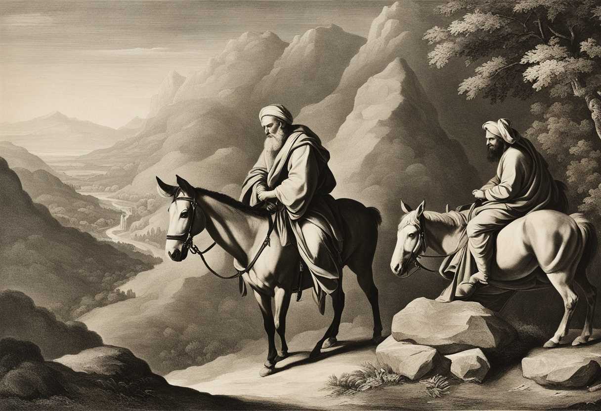 Abraham-and-Isaac-climb-a-mountain-with-a-donkey-two-men-and-a-heavy-burden_zqwz