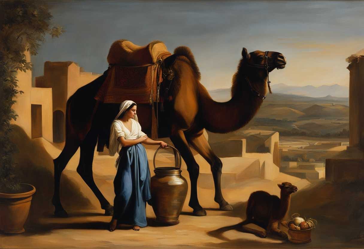 Rebekah-with-a-water-jar-and-servant-with-camels-embody-compassion-and-strength-in-evening-light_yaki