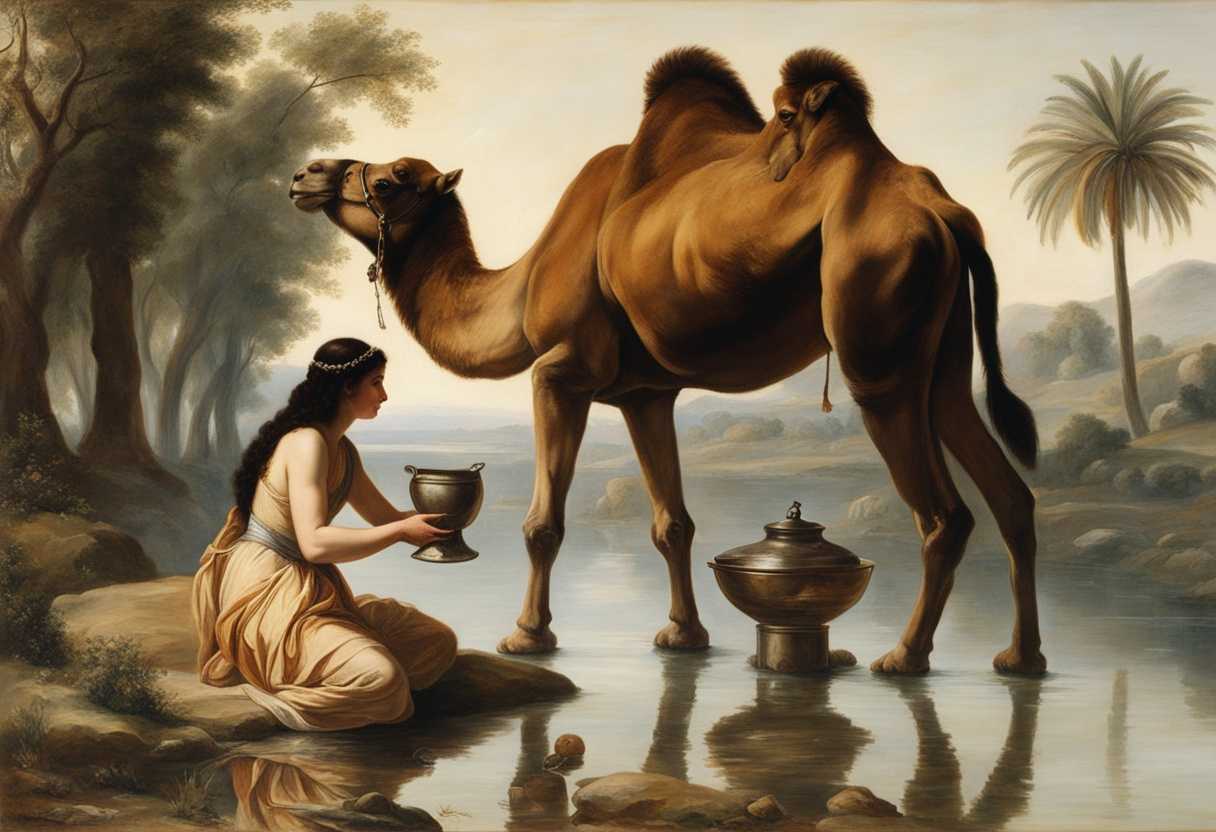 A-young-woman-offers-water-to-camels-at-a-tranquil-spring_xazc