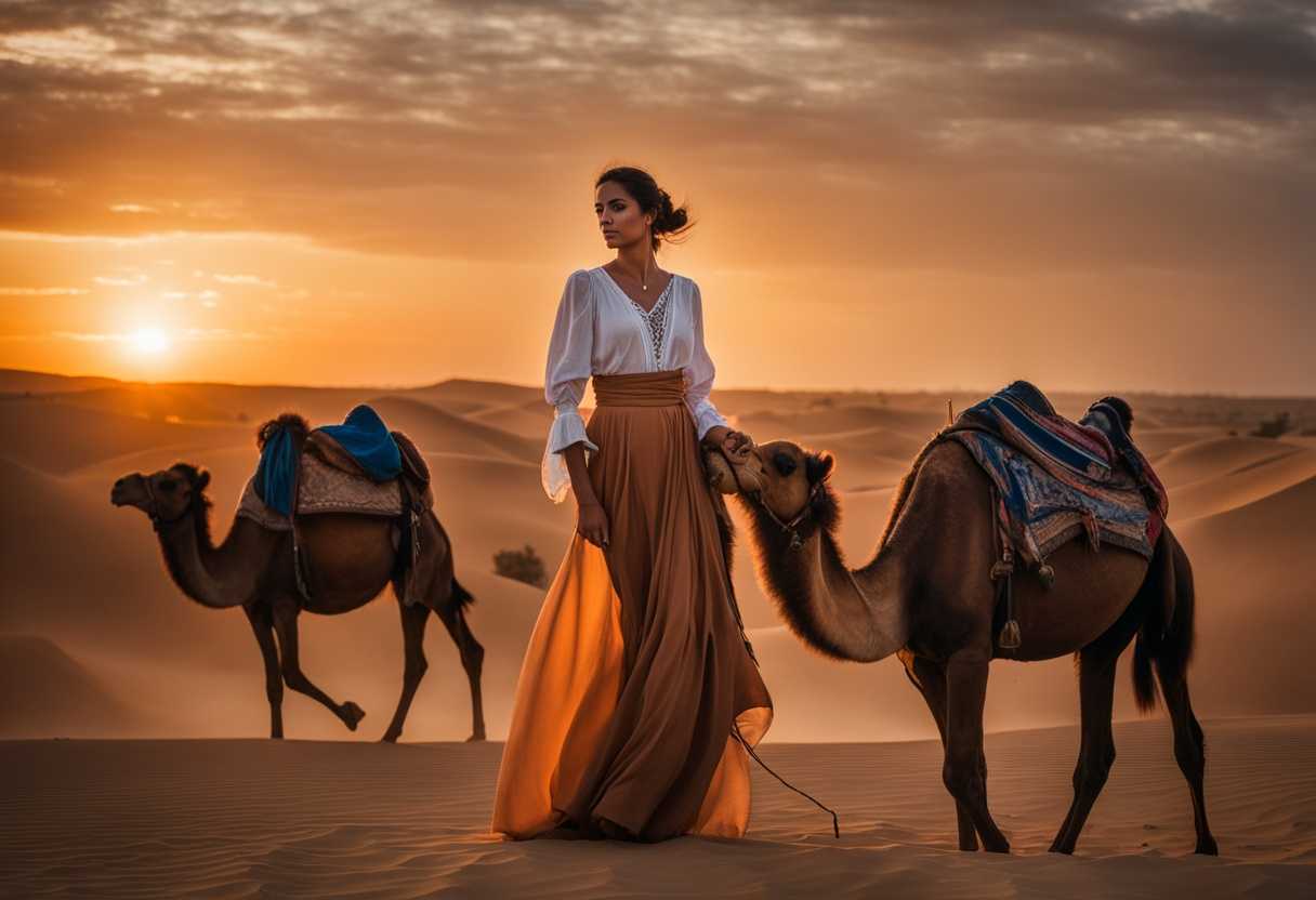 A-young-woman-gracefully-tends-to-camels-at-sunset-embodying-ancient-hospitality-and-feminine-stren_nefi
