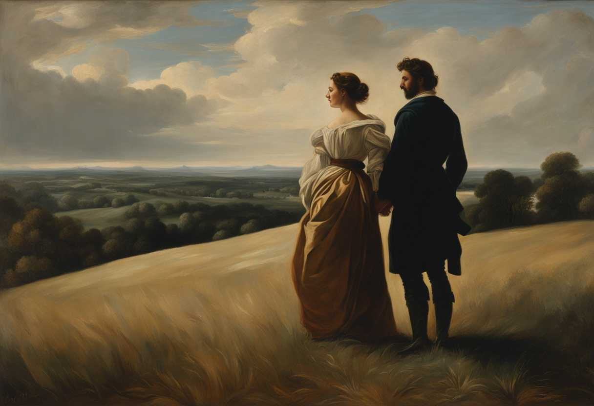 A-man-and-woman-stand-in-a-vast-field-contrasting-postures-meeting-with-reverence-and-mystery_zxjz