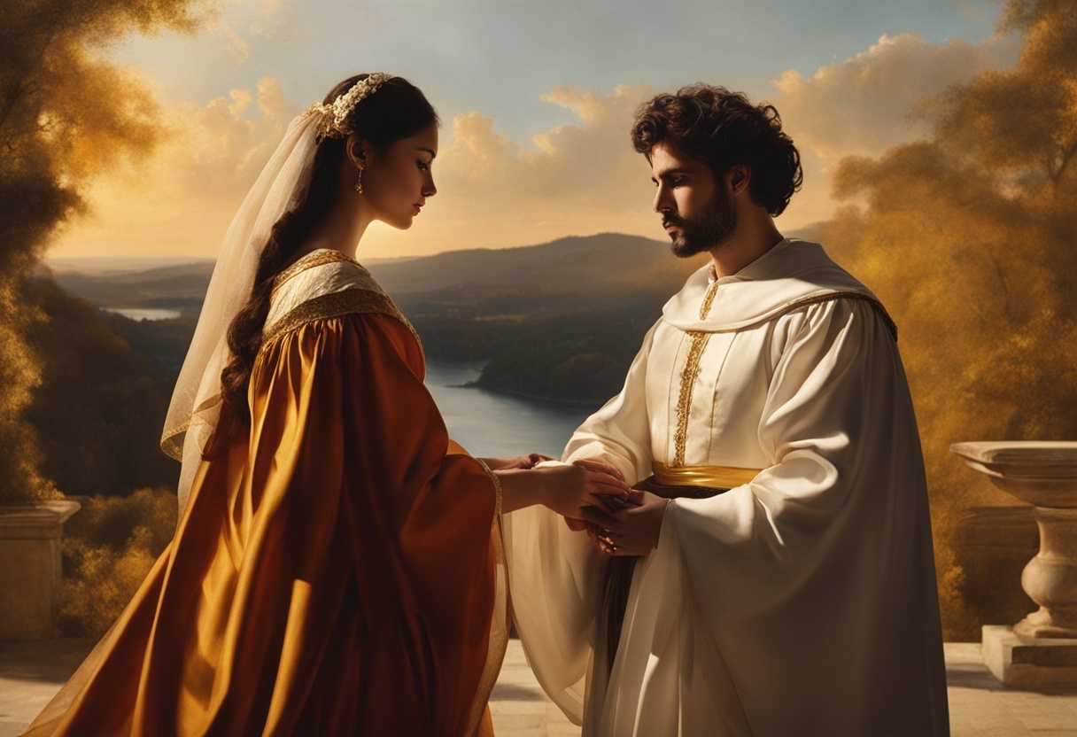 Two-individuals-under-golden-sunlight-exchanging-serious-vows-with-confident-and-trusting-expressio_irsm