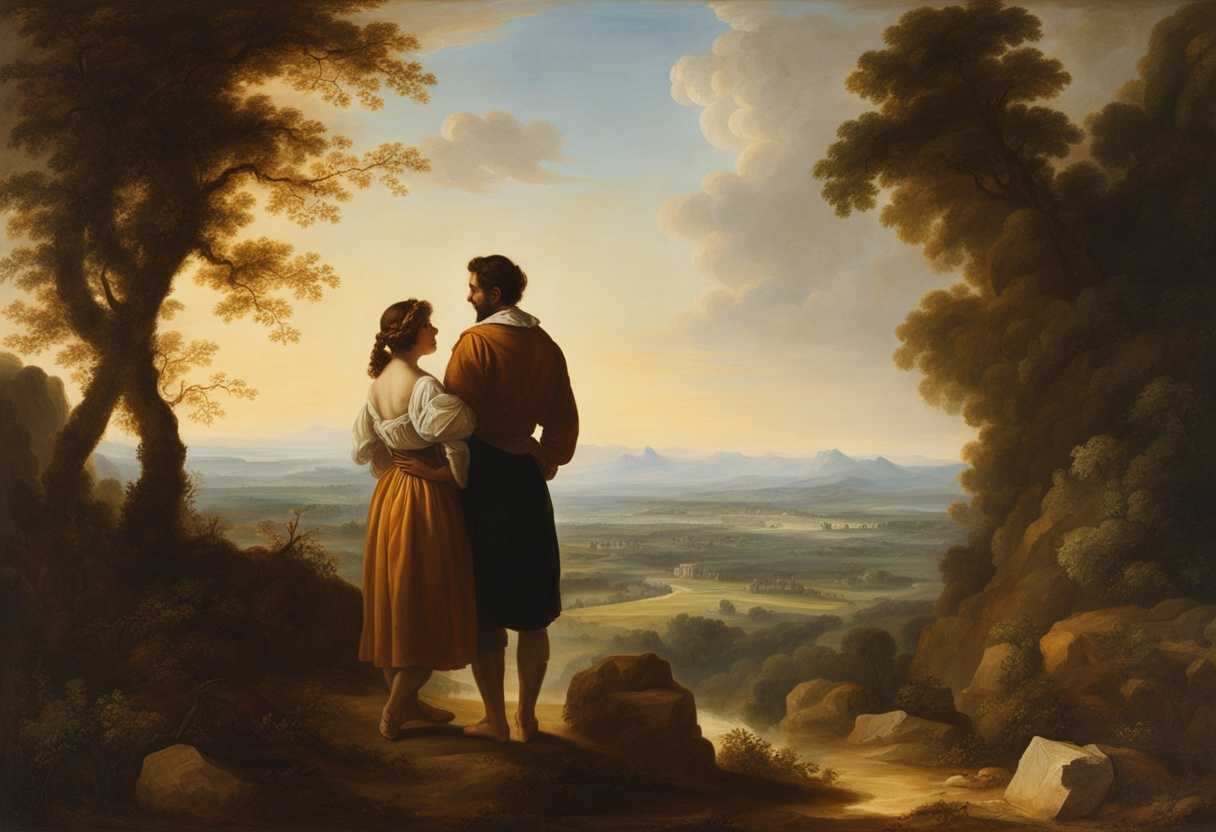 Parent-and-child-stand-in-vast-landscape-gazing-hopefully-at-the-horizon-under-warm-sunlight_zgul