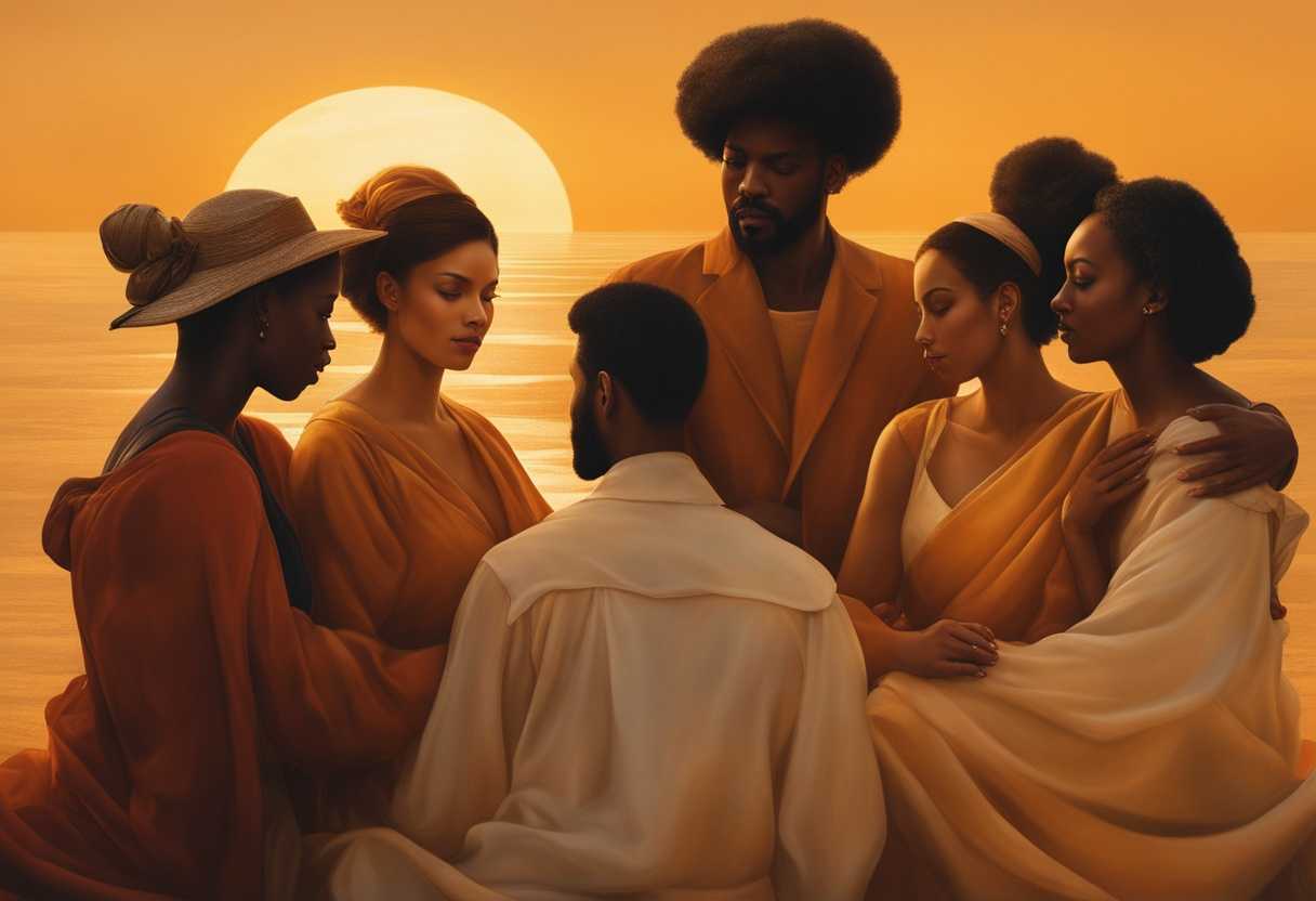 Diverse-group-basks-in-golden-sunset-embodying-unity-hope-and-love-in-close-knit-community_dsns